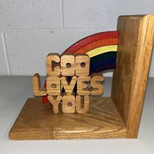 Quirky God Loves You Wooden Book End Religious Pride Rainbow