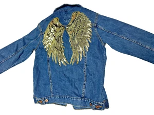 First Impressions Upcycled Sequin Angel Wings Denim Jacket - Picture 1 of 6