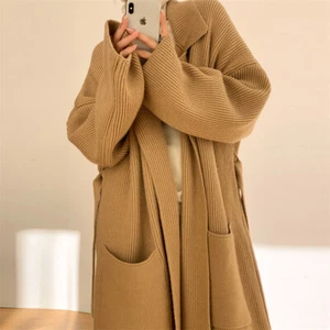 Lapel Long Sweater Women's Coat Autumn and Winter New Loose Knitted Cardigan - Picture 1 of 30