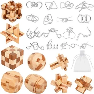 25 Pcs Wooden Metal Wire Puzzles, 3D Unlock IQ Test Mind Game for Adults - Picture 1 of 7
