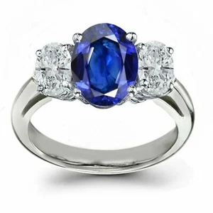 2.62CT Ovalado Corte Simulado Zafiro 3-Stone Anillo de Compromiso 14K Blanco Oro - Imagen 1 de 5