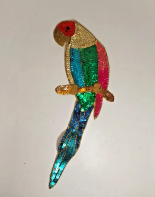 Vintage Appliqué Sequins & Beads Patch Parrot Parakeet Bird 14" Large Foto 1 de 4