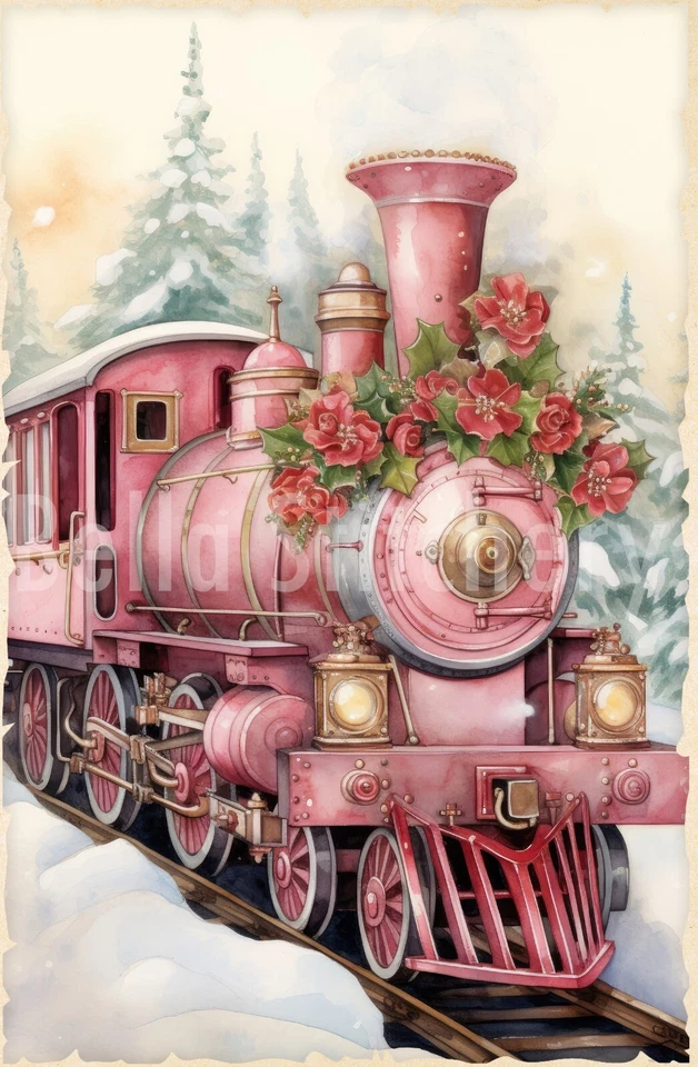 Shabby Chic 粉色圣诞节 #1 假日火车工艺缝纫棉织物块 — 第 1/1 张图片