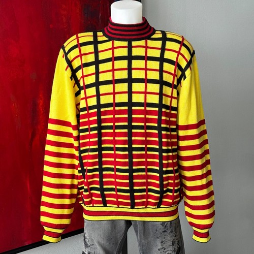 Maglione in lana GIANNI VERSACE anni '90 a righe e motivo a griglia taglia IT 54