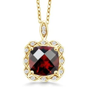 2.67 Ct Cushion Checkerboard Red Garnet 18K Yellow Gold Plated Silver Pendant - Picture 1 of 4