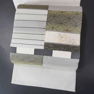 White Sashiko Silk Fukuro Obi Belt Japanese Textile Art 175x12in Casual Kimono - Image 1 of 4