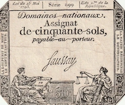 1793 FRANCE (FRENCH REVOLUTION) 50 SOLS 'ASSIGNAT' BANKNOTE - image 1 of 2