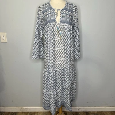 Zara Women’s Blue Floral 100% Voile Cotton Neck Tassels Boho Prairie Dress XS - Image 1 of 4