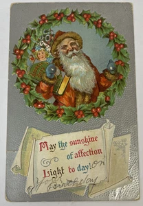 Vintage Christmas Santa Claus Toys Postcard Red Robe With Wreath Dated 1912 - Picture 1 of 6