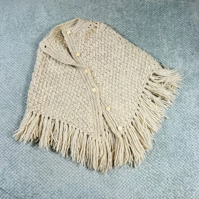De colección Precioso Hecho a Mano Beige/Marrón Tejido Borla Chal Grueso Tejido Suéter Lana Foto 1 de 4