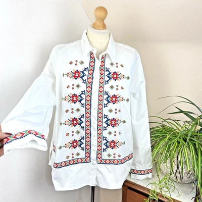 Camisa Blanca Multi Bordada Cuadrada Talla 20 Folk Bohemia Cottagecore Scandi Foto 1 de 4