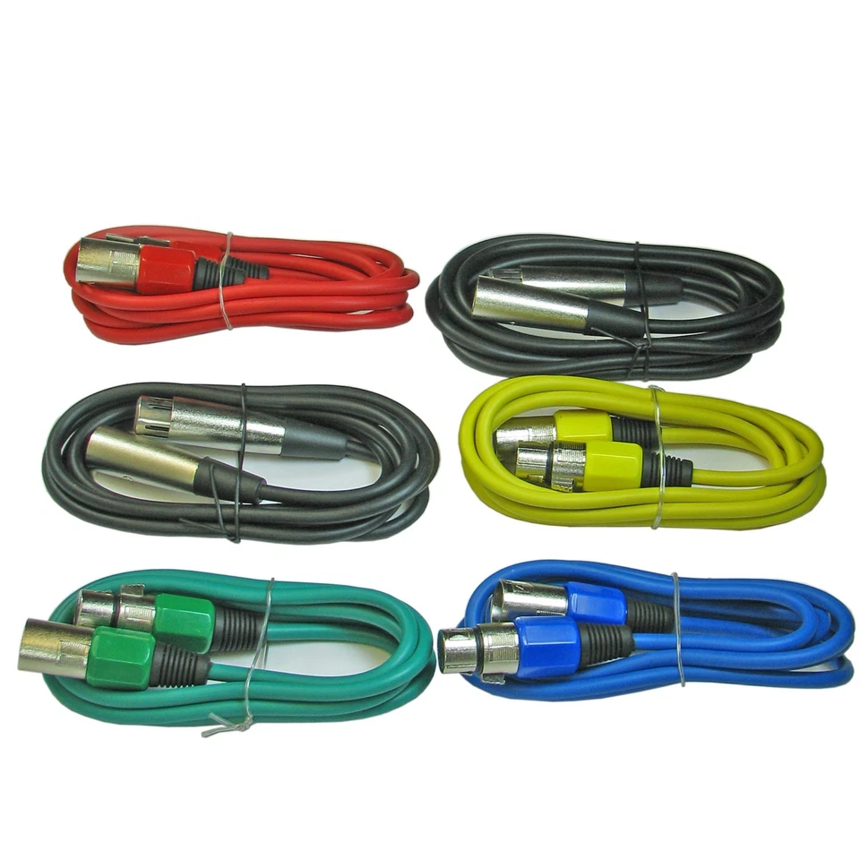 6 PACK 3 ft foot multi color shielded XLR pin male to female patch snake cables - Image 1 of 1