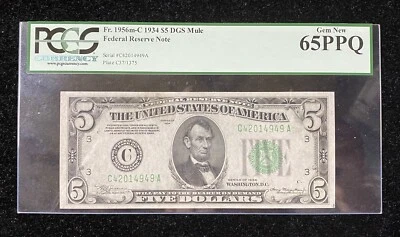 1934 $5 Philadelphia Federal Reserve Mule Note Fr#1956m-C PCGS 65 PPQ - Image 1 of 2