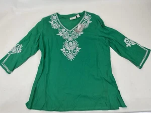 Chico’s Ellen Top Beaded Tunic Blouse Linen Green Womens Jeweled  Size 2 NWT - Picture 1 of 5