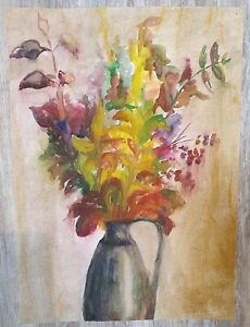 Vintage fauvist still life with flowers watercolor painting