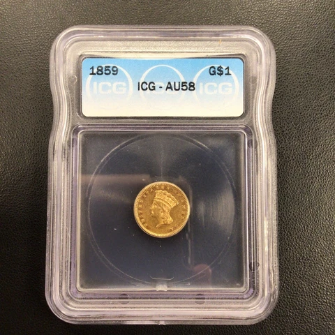 1859 Indian Princess 1 Dollar Gold Coin ICG Graded AU58 - Rare and Historic Cover