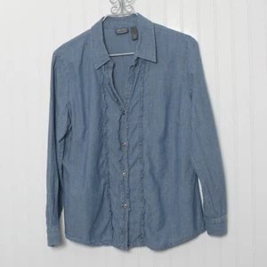 Chico's 2 Zusätze blau Kragen Langarm Knopf Rüschen Baumwolle Bluse Lge - Bild 1 von 8