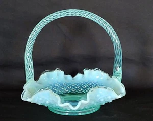 Fenton Aqua Blue Opalescent Diamond Lace Basket - Picture 1 of 7