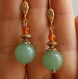Green Aventurine Red Orange Carnelian Round Gold Plated Leverback Cute Earrings - Picture 1 of 5