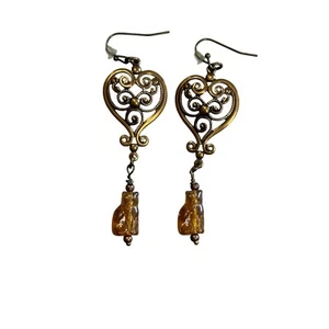 Vintage Heart Dangle Earrings Amber Cat Charm Gold Bronze Tone Bohemian Jewelry - Picture 1 of 5