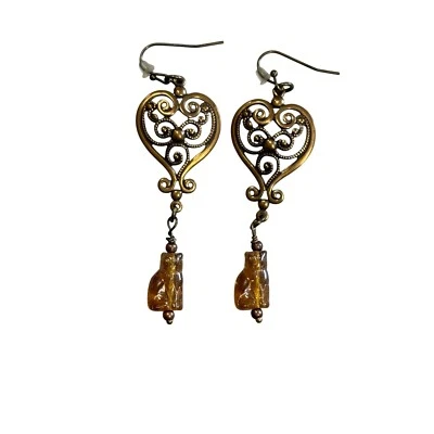 Pendientes colgantes de corazón vintage ámbar gato encanto oro bronce tono joyería bohemia Foto 1 de 4