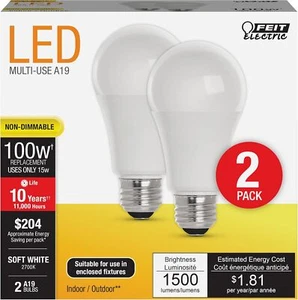 Feit Electric A19 LED Light Bulbs, 100W 2 Count (Pack of 1), 2700k Soft White  - Picture 1 of 12
