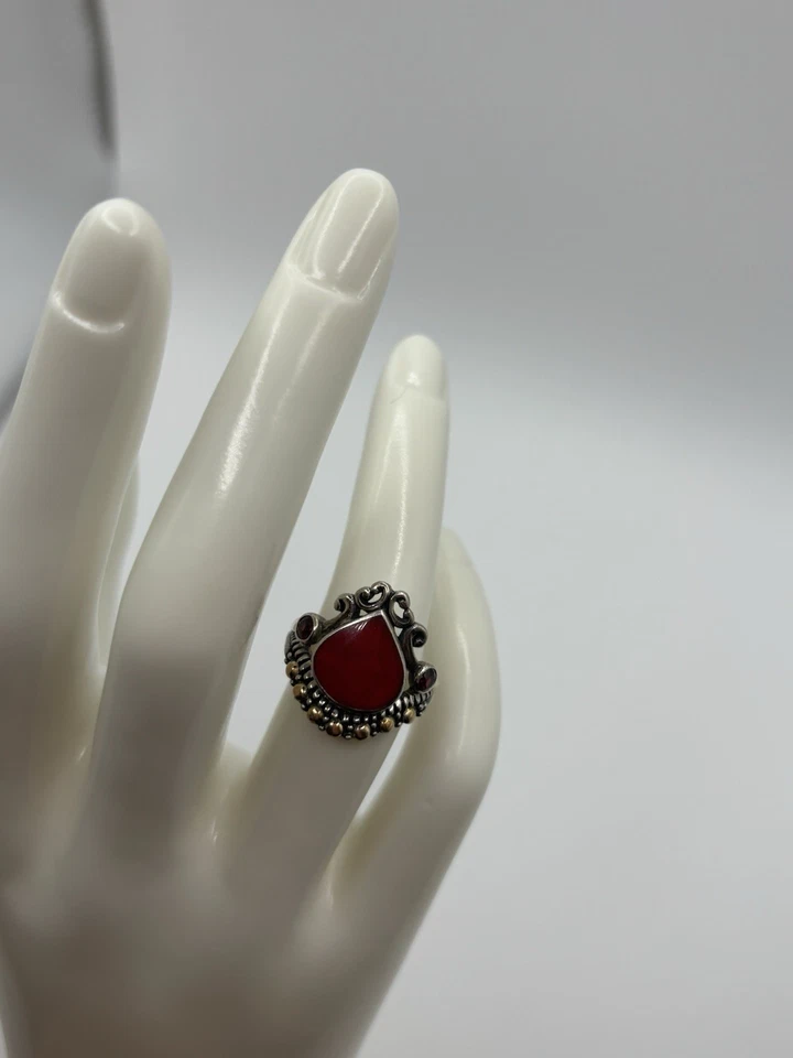 Anillo de plata de ley 925 con acento de 18k coral natural talla 6 Foto 1 de 1