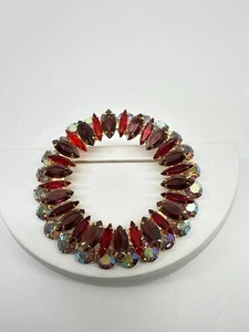 Vtg Juliana Wreath Brooch rhinestones Red Purple AB Gold Tone Large 3" unsigned - Picture 1 of 7