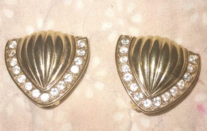 Vintage Swarovski klare Kristalle goldfarben Schild Fächer Muschel Design Clip-On Ohrringe - Bild 1 von 4