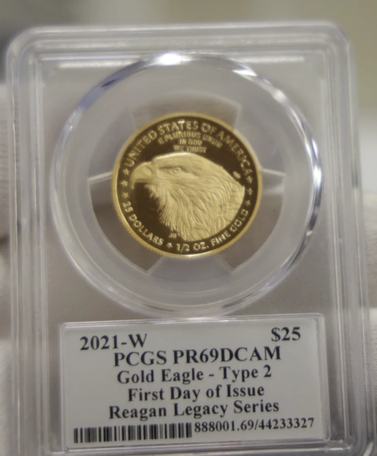 Gold Eagle 2021 W prueba de EE. UU. 1/2 OZ $25 GRADUACIÓN PROFESIONAL PR69DCAM serie Reagan TY2 Foto 1 de 2
