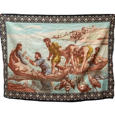 Vintage Raphael Miraculous Draught of Fishes Printed Wall Tapestry Velour 54x39" - Image 1 of 4