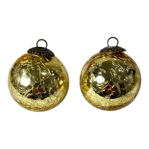 2 adornos vintage de bolas de Navidad estilo bola pesada de vidrio mercurio agrietado dorado - Imagen 1 de 6