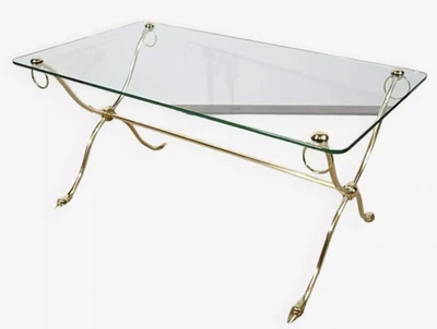 JANSEN table basse en laiton, piétement entretoise et pieds en forme de cygnes - Photo 1/4