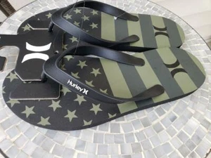 HURLEY BLACK GREEN STARS & STRIPES PATRIOTIC RUBBER FLIP FLOPS SANDALS SIZE 10 - Picture 1 of 3