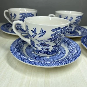 Vintage Blue Willow EIT LTD England 4 Tea Cups & 4 Saucers Set English - Picture 1 of 15