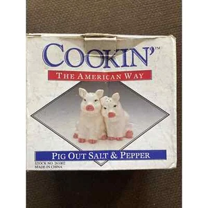 Vintage Piggin’ Out Salt & Pepper Set Cookin’ The American Way Pig S&P Small - Picture 1 of 12
