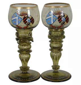 2 Bicchieri da vino Rummer Punt vetro verde smaltato tedesco 8" - Foto 1 di 12
