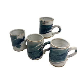 Lot of 4 Artisan Made 4 oz Blue and White Beachy Ceramic Mugs Signed - Picture 1 of 6