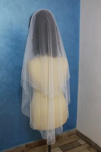 2 Tier Veil With Pearls Trim Edge Fingertip Bridal Veils With Comb - Picture 1 of 10