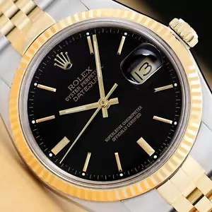 ROLEX MENS DATEJUST 16233 18K GOLD STEEL BLACK DIAL TWO TONE WATCH w/ ROLEX BAND - Picture 1 of 8