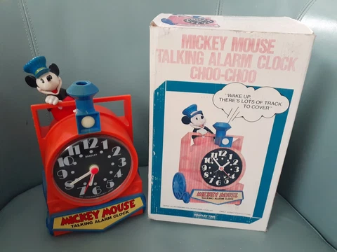 Working Old Disney Mickey Mouse Train Conductor Talking Alarm Clock w/box Cover