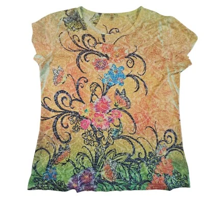 Top Suzie vintage para mujer Petite XL amarillo manga corta mariposas flores brillantes Foto 1 de 3
