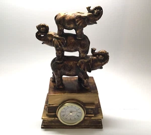 BRONZE COLORED RESIN ELEPHANT FAMILY - 10’1/2” HEIGHT QUARTZ CLOCK MANTLE - Picture 1 of 8