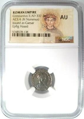 Констанций II Римская империя BI Nummus AE3/4 NGC AU Древний Epfig Клад Родословная - Изображение 1 из 4