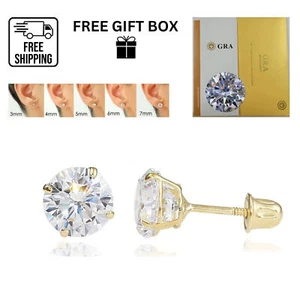14K Gold GRA Certified D-VVS1 Round Moissanite Screw Back Studs Earrings - Picture 1 of 8