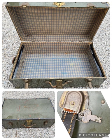 EAGLE LOCK CO. ANTIQUE STEAMER TRUNK Chest Terryville Conn. Green Metal Cover
