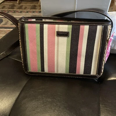 De Colección Reliquia Rayas Lona Bolso de Mano Cartera Hombro Cuero Marrón Borde Primavera Defecto Foto 1 de 4