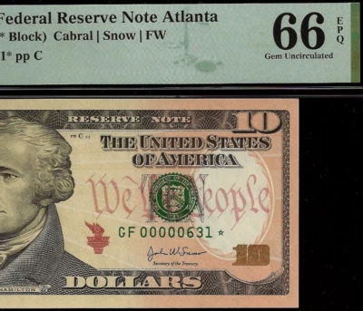 2004A $10 Federal Reserve Note Atlanta PMG 66EPQ 3 digit low serial Fr 2039-F* - Image 1 of 3