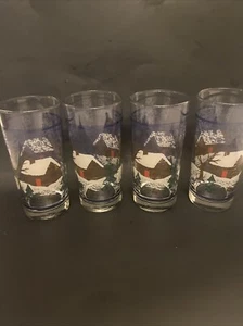 4 Vtg. Christmas Drinking Glasses Tumblers Log Cabin Winter Scean - Picture 1 of 16