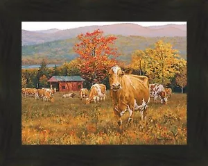 AUTUMN'S GOLD by Bonnie Mohr 16X20 FRAMED WALL ART Cows Cattle Fall Leaves Barn - Picture 1 of 3
